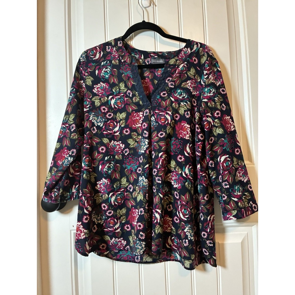 Van Heusen Navy Floral V-Neck Blouse Magenta Teal 3/4 Sleeve Tunic Top Large